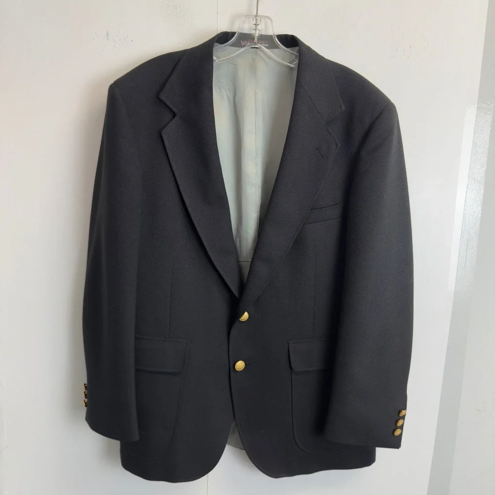 Stafford American Craftsmen Mens 40S Black Blazer Gold Crest Buttons Made in USA